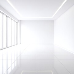 Fototapeta premium A bright, empty white room featuring large windows that allow natural light to flood in, complemented by a smooth, clean white floor.