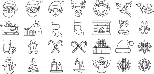 Santa and Christmas themed vector icon set including Santa Claus, elf, stockings, angel presents and more icons with adjustable line weight