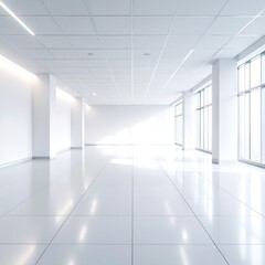 A spacious, empty white room featuring large windows that allow natural light to flood in, complemented by a smooth, pristine white floor.