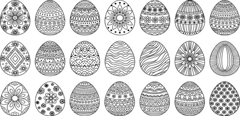 Easter egg design icon set with adjustable vector line weight including various patterns, designs