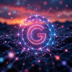 Obraz premium a digital display shows a stylized letter encircled by glowing neon lines. the lines extend outwards and connect to numerous points of light in the foreground