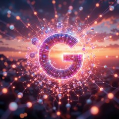 the image showcases a large, glowing, geometric letter in the center, radiating light outwards. this central design is surrounded by interconnected spheres and lines, creating a network like effect