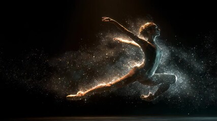 Dynamic motion video of graceful female ballet dancer leaping mid-air with glowing energy trails and particles, dramatic lighting on black background, cinematic motion with copy space on the left