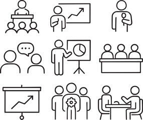 Conference Vector Icon Set  Adjustable Line Weight  Speaker, podium, audience, chart, presentation, mic, discussion, seminar, networking, success, projector, meeting, talk, panel icons