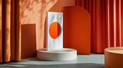 Modern Minimalist Interior with Orange Accents and Geometric Shapes in Natural Light