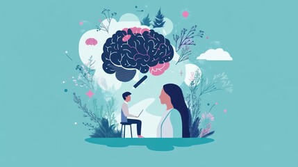 Young Person Reflecting on Thoughts and Emotions with Abstract Brain Imagery in Nature-Infused Background