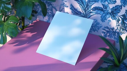 Blank Light Blue Paper on Colorful Background Surrounded by Green Plants and Floral Wallpaper