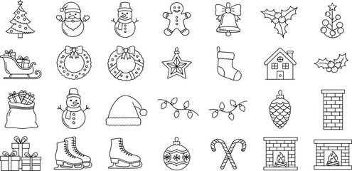  Christmas Icon Collection Festive Vector Icons for Holiday Designs, Including Santa, Christmas Tree, Gifts, Ornaments, and More - Perfect for Graphics and Print