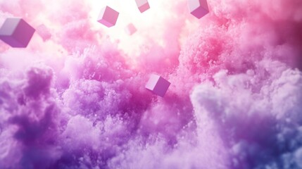 Abstract Digital Landscape with Floating Cubes and Colorful Clouds in Pink and Purple Hues