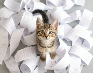 Curious Cat Surrounded by Pastel Receipts in a Flat Lay Setup