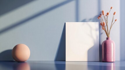 Minimalistic Still Life with Pink Sphere, Decorative Vase, Blank Canvas, and Soft Lighting on Blue Background