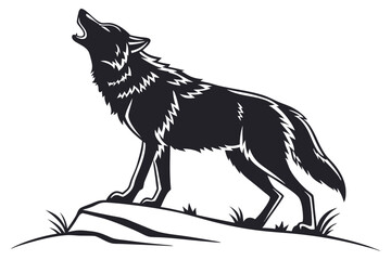 A black and white illustration of a howling wolf standing on a rock