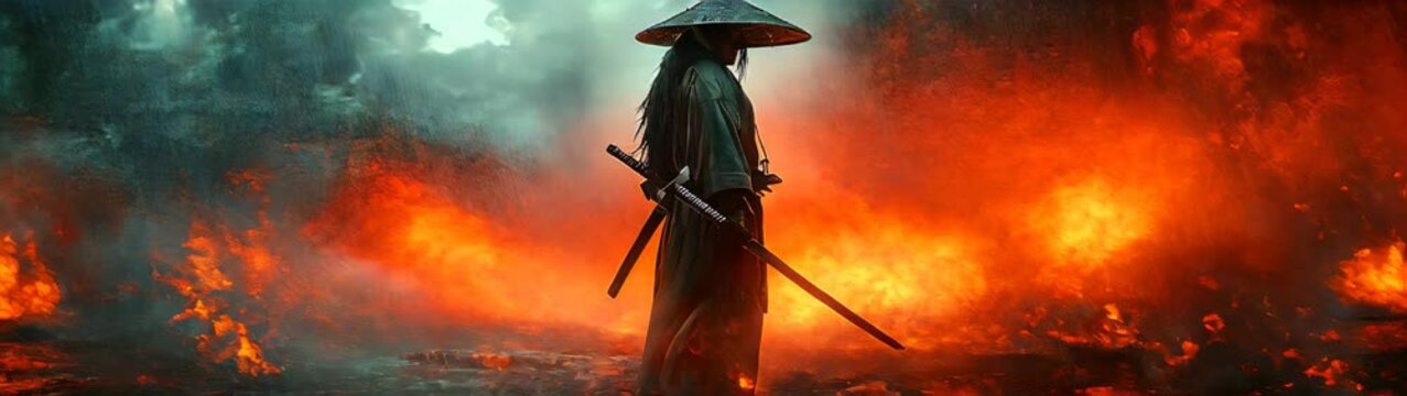 Man standing in the rain with two swords a samurai standing in the rain