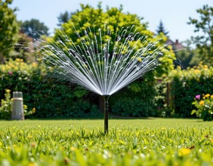 Fototapeta premium high quality, flat design of a watering sprinkler system over a green field, no textures or details