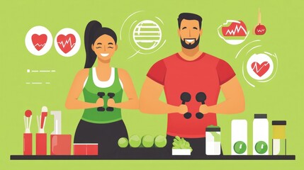 Young Couple Engaging in Fitness and Healthy Lifestyle with Dumbbells and Nutritional Supplements in a Bright, Energetic Scene