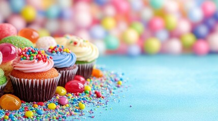 Colorful Cupcakes Surrounded by Vibrant Candy and Sprinkles on a Bright Blue Background