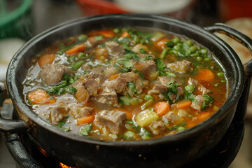 a pot of stew with meat and vegetables