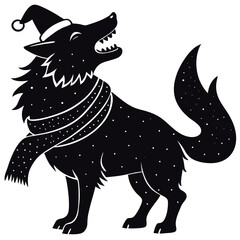 Black and white illustration of a festive wolf wearing a winter hat and scarf