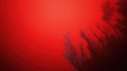 Mysterious Underwater Scene with Fiery Red Background and Silhouettes of Aquatic Flora
