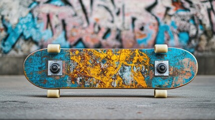 Vibrant and Worn Skateboard on Urban Background with Graffiti Artwork