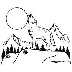 Black and white illustration of a wolf howling at the moon surrounded by mountains and trees