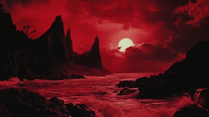 Dramatic Red Landscape with Jagged Peaks and Moody Sun Setting Over Wavy Ocean Waters