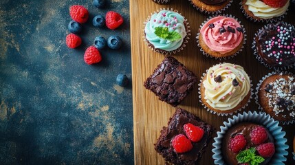 Colorful Assortment of Delicious Cupcakes and Brownies with Fresh Berries on Rustic Wooden Background