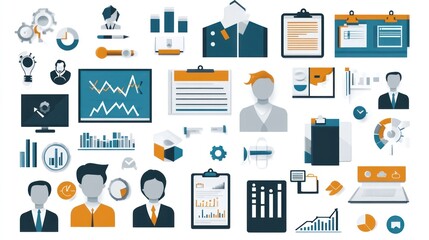 Diverse Collection of Business and Finance Icons Depicting Growth, Strategy, Analysis, and Teamwork for Professional Use