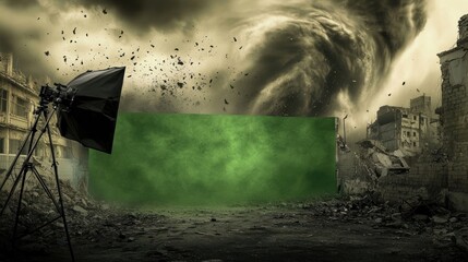 Dramatic Scene of Tornado with Photography Setup in Ruined Urban Environment