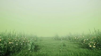Serene Landscape with Lush Green Grass and Delicate Wildflowers Under a Soft Misty Background