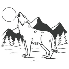 Black and white vector illustration of a howling wolf with mountains and trees