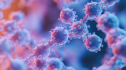 Close up view of a chain of virus particles with spikes in a purple and blue gradient background