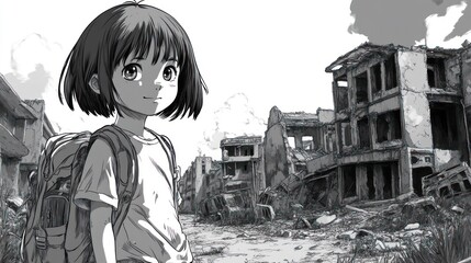 Young girl standing amidst a desolate urban landscape in a black-and-white illustrated style, evoking a sense of solitude and resilience