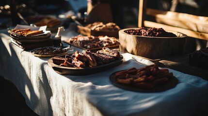 Rustic Table Display of Assorted Baked Goods and Snacks with Natural Lighting and Cozy Atmosphere