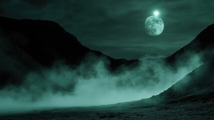 Eerie Landscape with Moonlight Shining Over Foggy Valley at Nighttime in a Mysterious Atmosphere