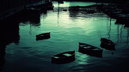Tranquil Evening Scene with Small Boats Floating on Calm Water in an Urban Setting Under a Night Sky