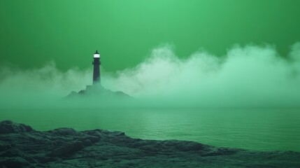 Mysterious Green Lighthouse in Mist Over Calm Water at Twilight with Rocks in the Foreground