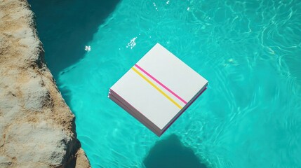 Colorful Notepad Floating on Bright Blue Water Surface in Tropical Setting