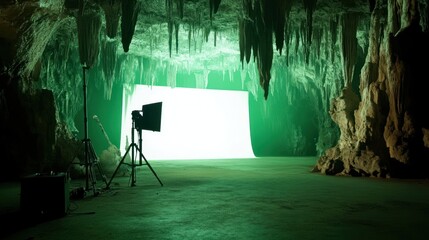 Mysterious Cave Interior with Green Lighting and Photography Equipment for Creative Projects