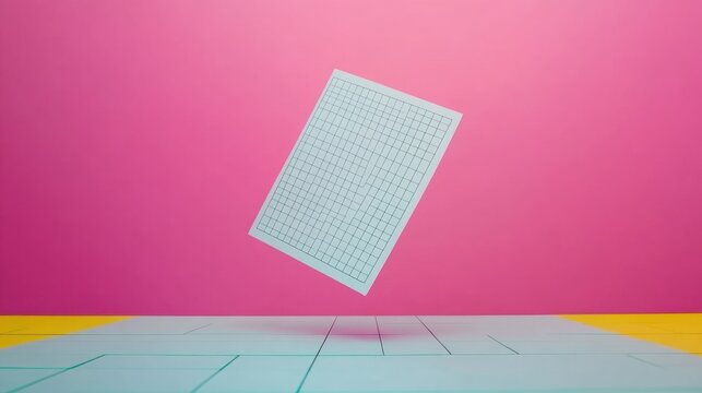 Floating Graph Paper Sheet on Colorful Background in Bright Pink and Yellow Setting