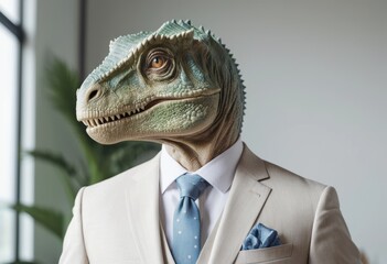 the image depicts a creature with reptilian features, specifically a dinosaur like head, dressed in formal attire
