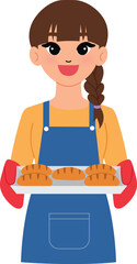 woman baker owner, female with apron and holding bread with tray illustration