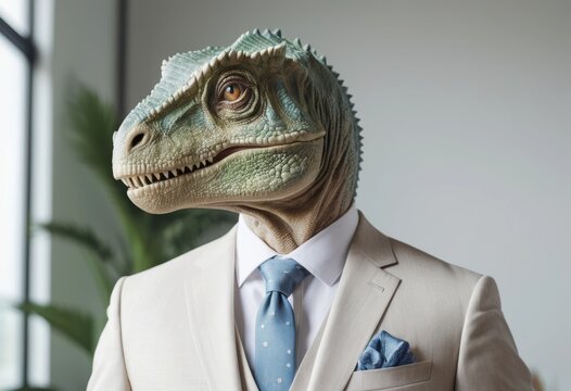the image depicts a creature with reptilian features, specifically a dinosaur like head, dressed in formal attire