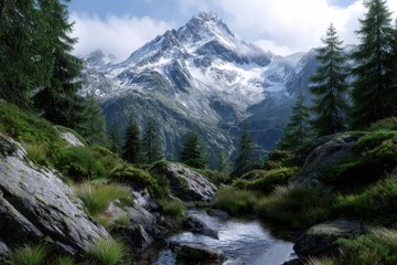Majestic mountain landscape with serene stream and lush greenery in daylight