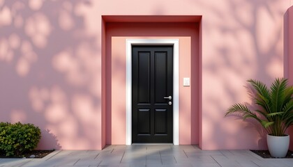 Fototapeta premium high quality, minimalist depiction of a monochrome black door set into a soft pastel pink wall, with subtle light reflections and shadows.