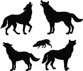 Black wolf silhouettes in various poses howling and standing on a white background