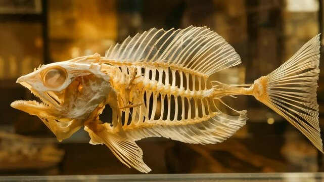 Detailed skeleton of a fish displayed in a museum. The bones are clearly visible, showcasing the structure and anatomy of the fish