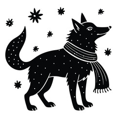 Cute black fox illustration wearing a scarf with falling snowflakes in a wintery design