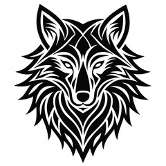 Elegant black and white wolf head illustration with intricate tribal style design elements