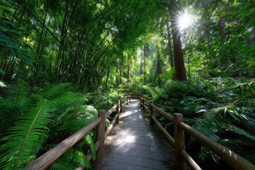 Obraz premium Sunlight filters through vibrant greenery along the forest path in early morning hours